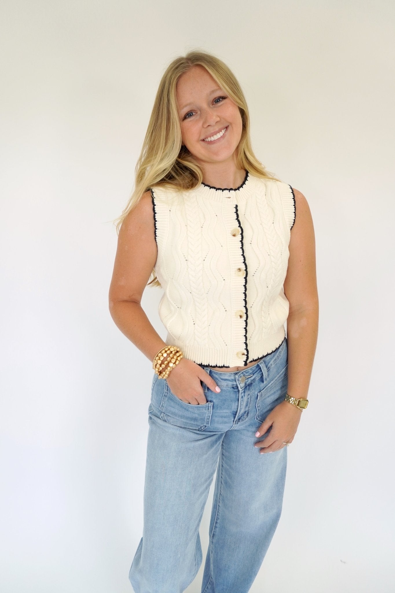 Ivory Button Front Knit Sweater Vest with Black Trim - Anderson Ave boutique