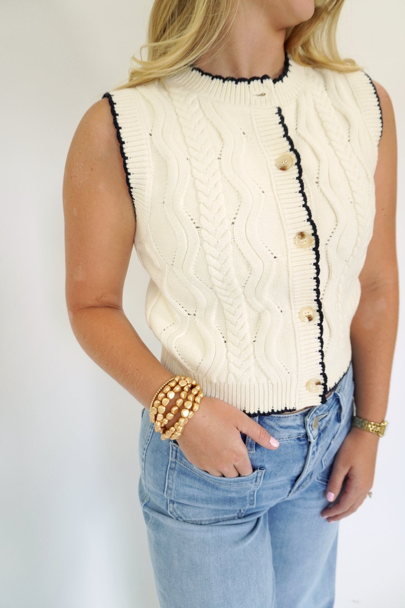 Ivory Button Front Knit Sweater Vest with Black Trim - Anderson Ave boutique