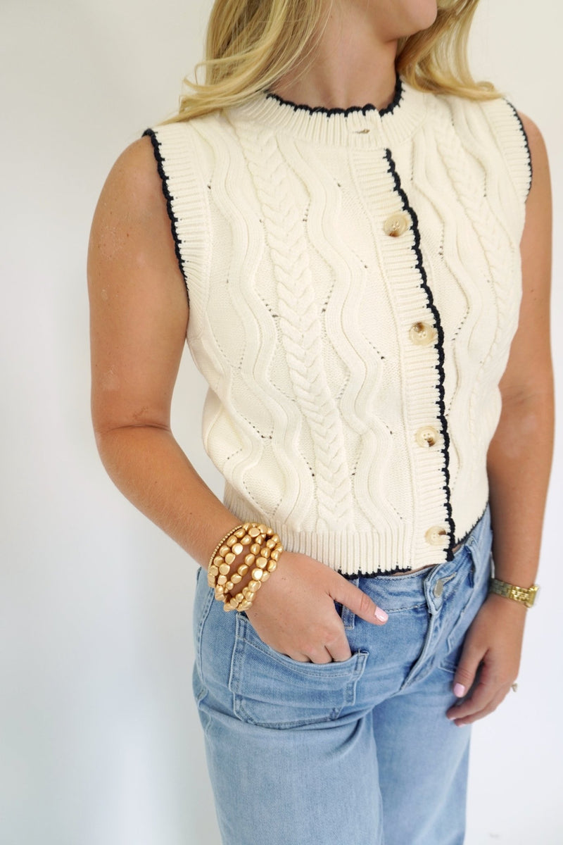 Ivory Button Front Knit Sweater Vest with Black Trim - Anderson Ave boutique