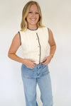 Ivory Button Front Knit Sweater Vest with Black Trim - Anderson Ave boutique