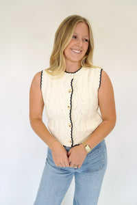 Ivory Button Front Knit Sweater Vest with Black Trim - Anderson Ave boutique