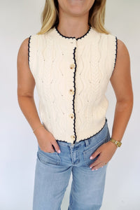 Ivory Button Front Knit Sweater Vest with Black Trim - Anderson Ave boutique