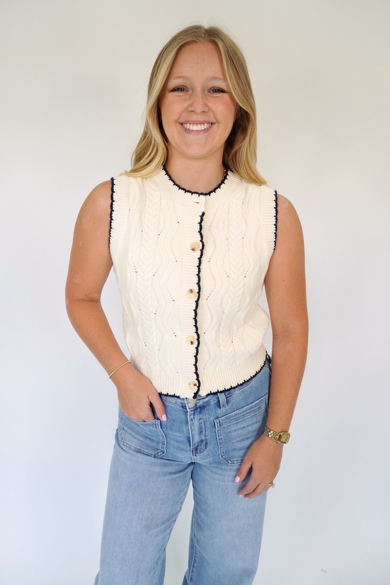 Ivory Button Front Knit Sweater Vest with Black Trim - Anderson Ave boutique