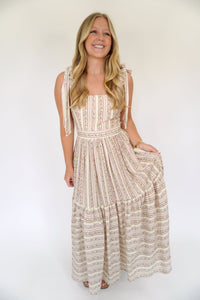 Ivory Floral Stripe Midi Dress with Bow Back - Anderson Ave boutique