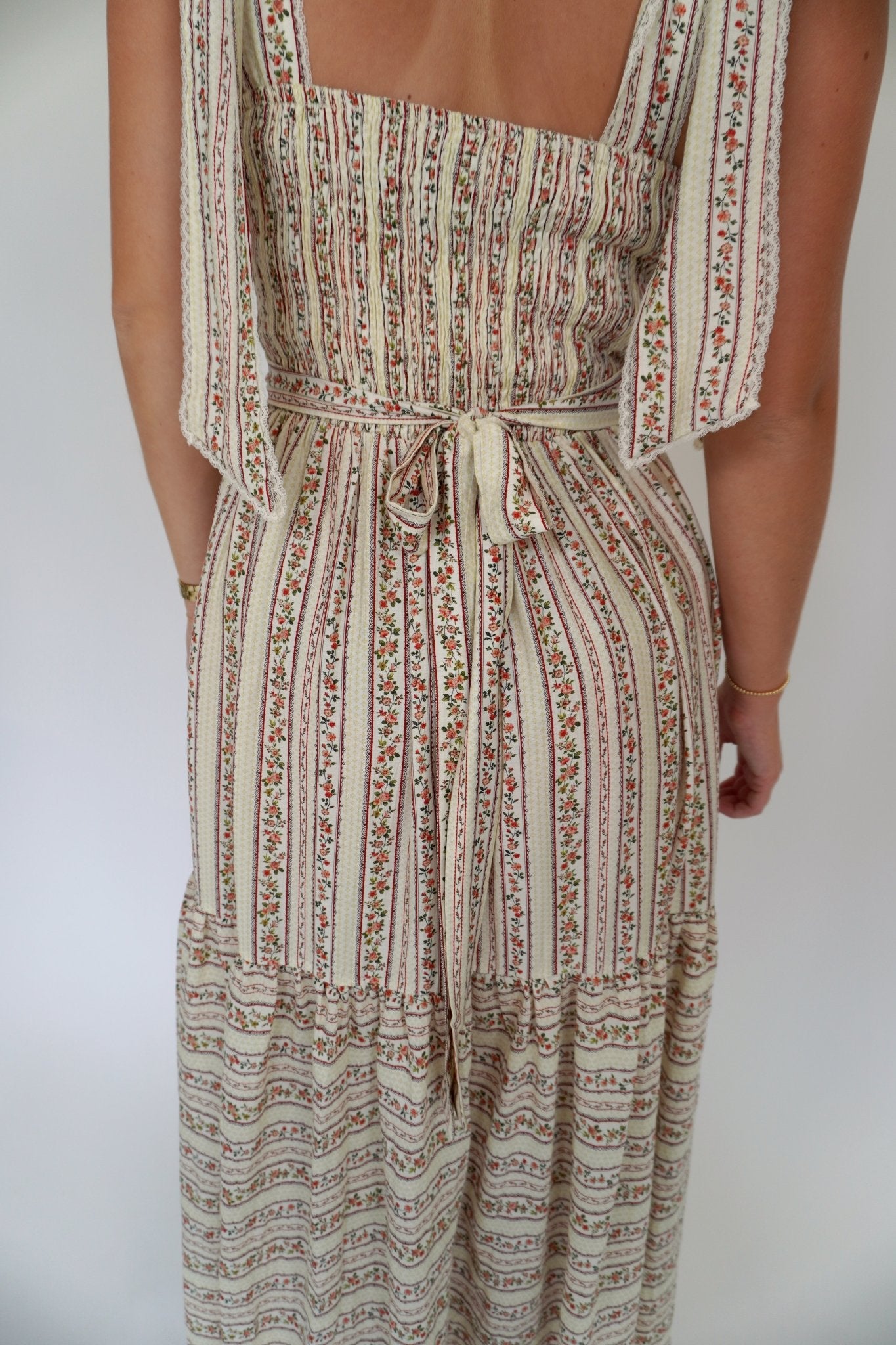 Ivory Floral Stripe Midi Dress with Bow Back - Anderson Ave boutique