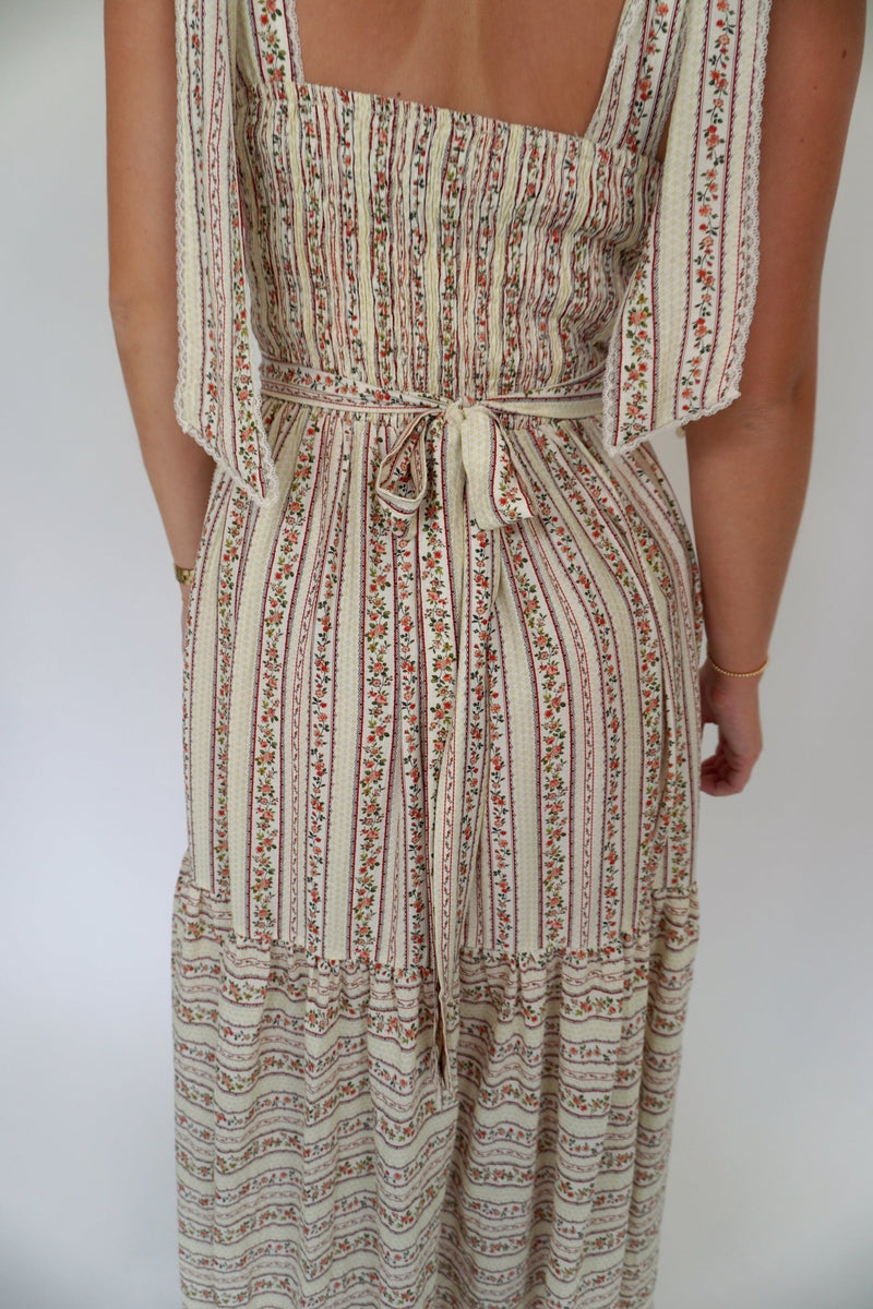 Ivory Floral Stripe Midi Dress with Bow Back - Anderson Ave boutique