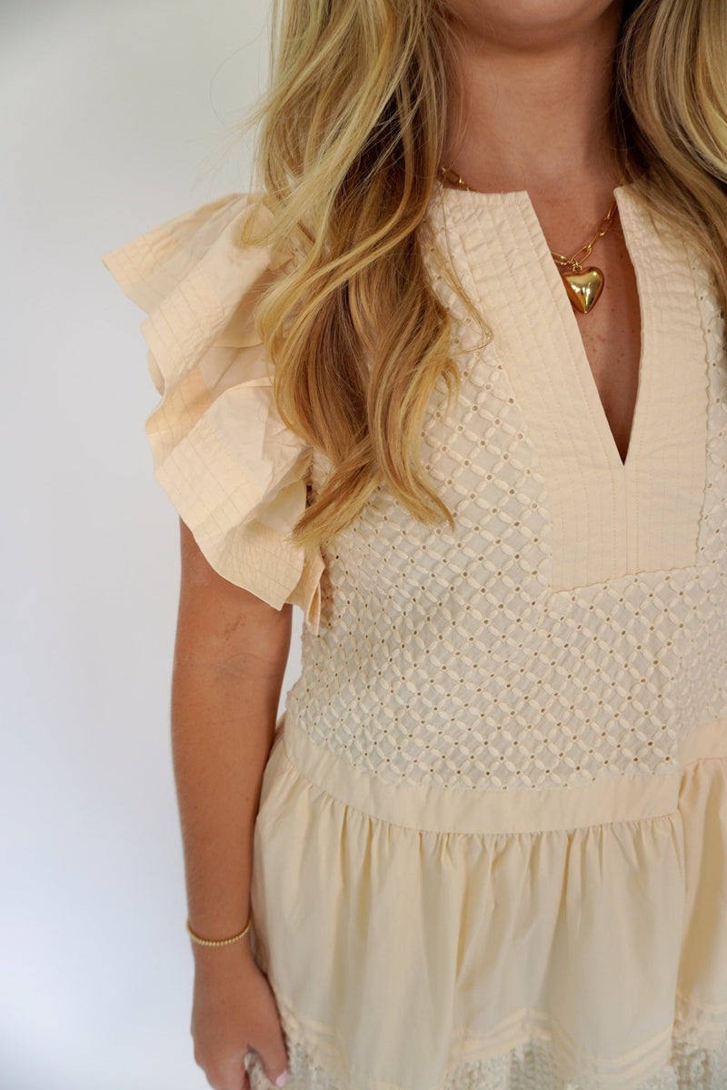 Ivory Smocked Ruffle Sleeve Mini Dress - Anderson Ave boutique