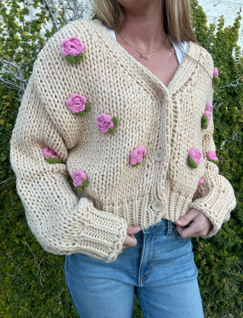 Jenny 3D Rose Knit Sweater Cardigan - Anderson Ave boutique