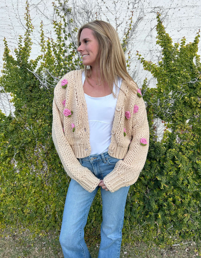 Jenny 3D Rose Knit Sweater Cardigan - Anderson Ave boutique