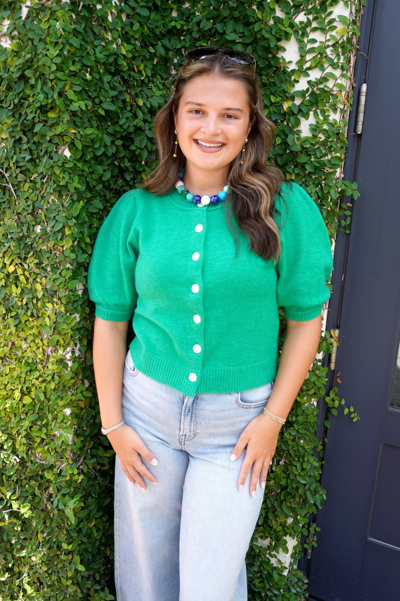 Kelly Green Puff Sleeve Button Cardigan - Anderson Ave boutique