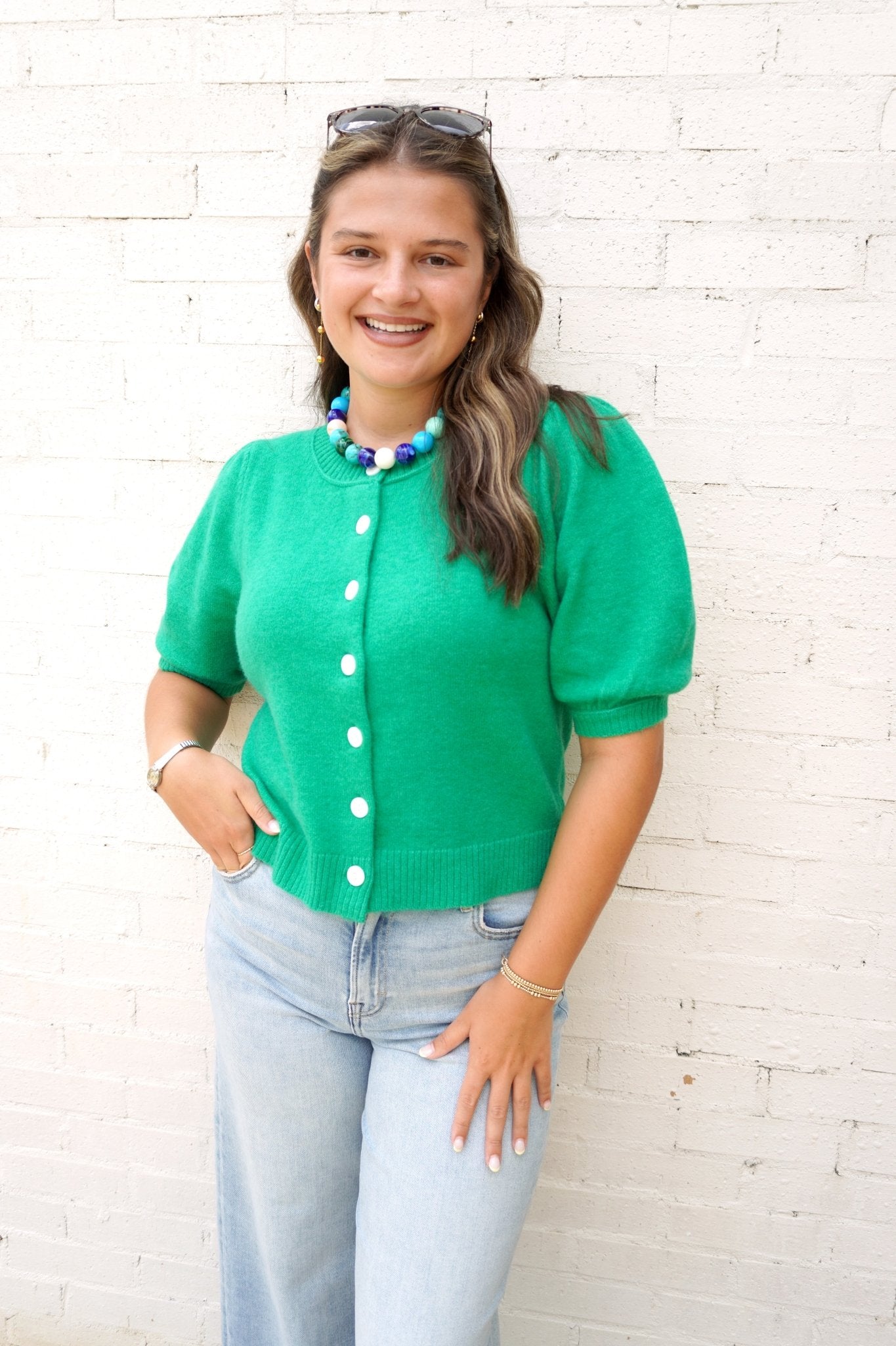 Kelly Green Puff Sleeve Button Cardigan - Anderson Ave boutique