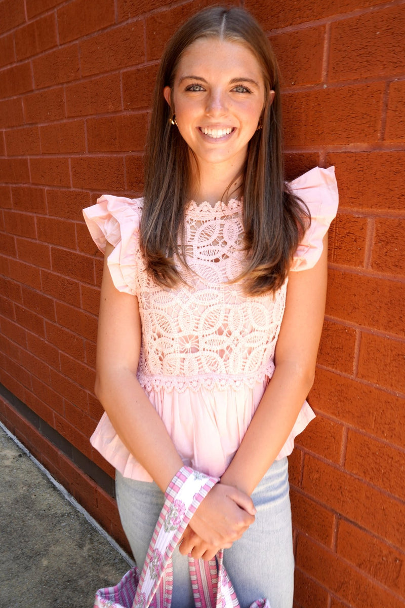 Lace Trim Flutter Sleeve Blouse - Pink - Anderson Ave boutique