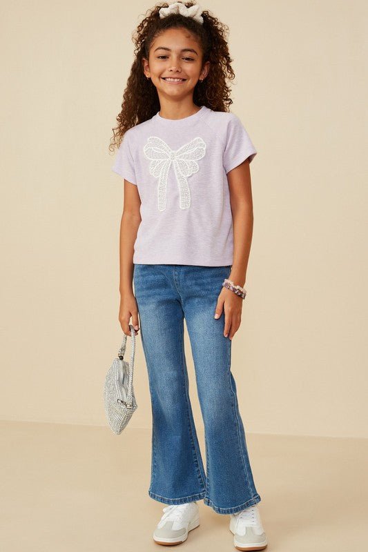 Lavender Lace Bow Tee – Girls Short Sleeve Top - Anderson Ave boutique