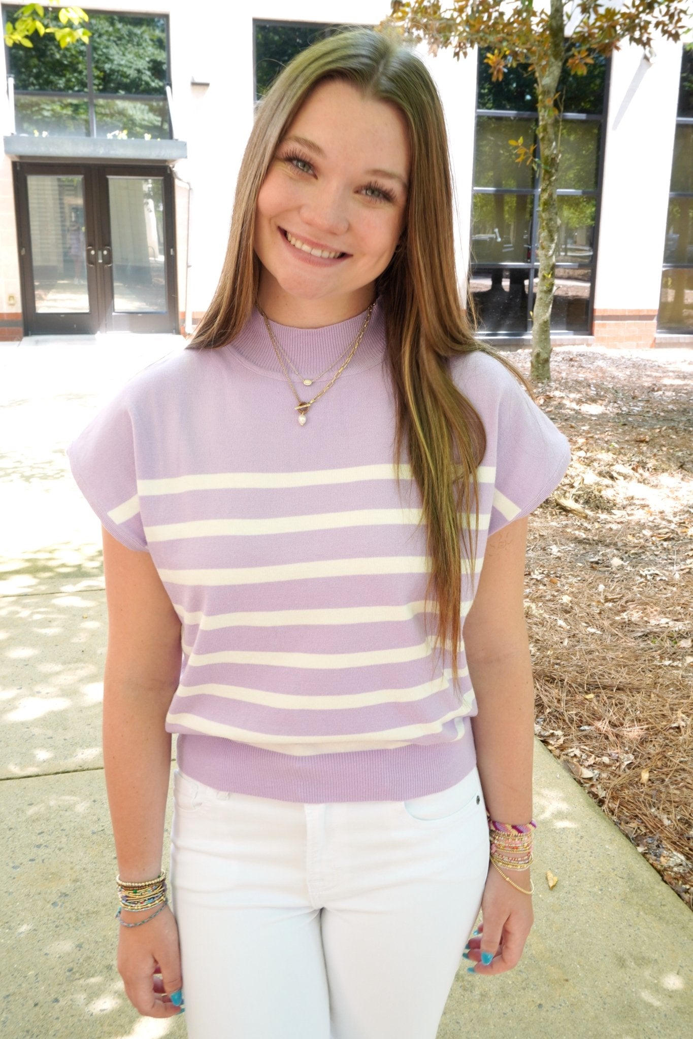 Lilac Striped Mock Neck Knit Top - Anderson Ave boutique
