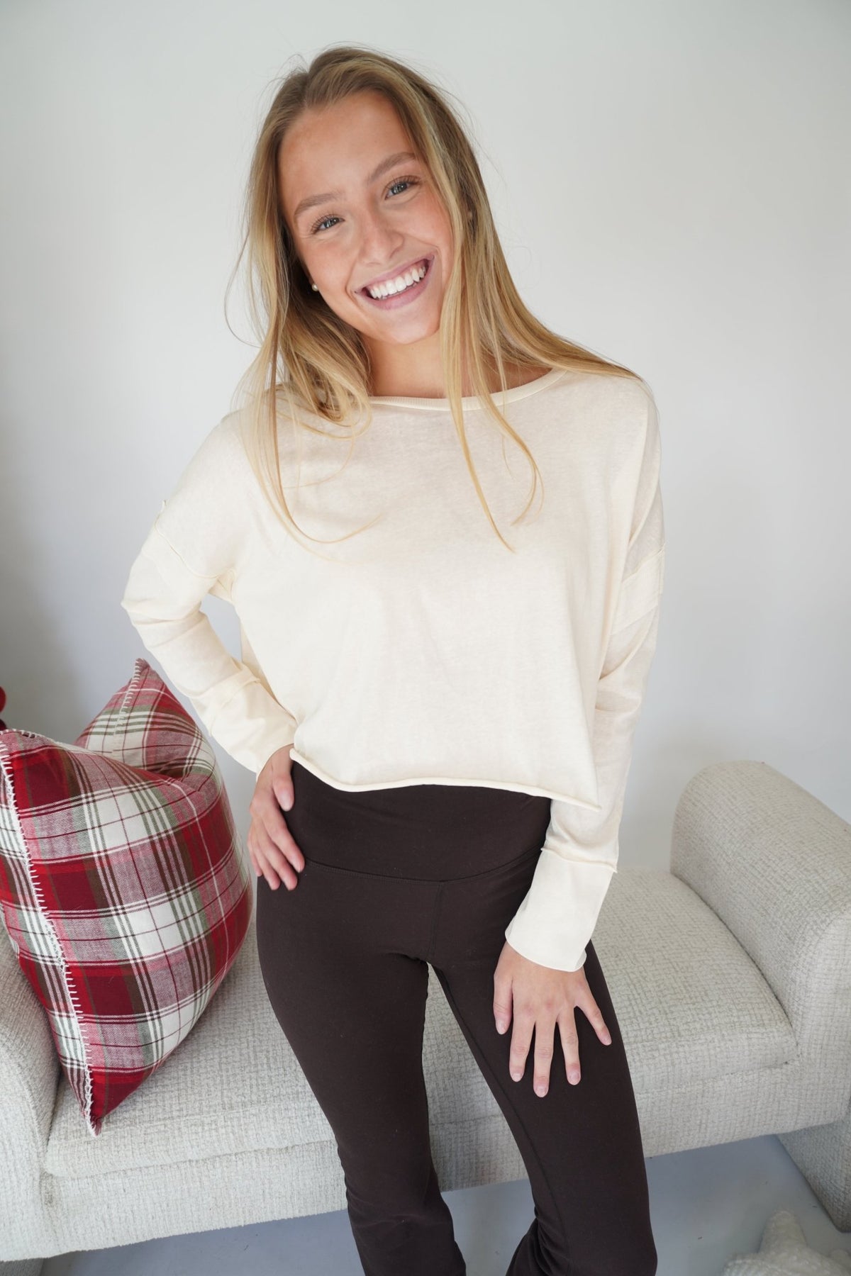 Lucy Open - Back Crossed Long Sleeve Top - Cream - Anderson Ave boutique