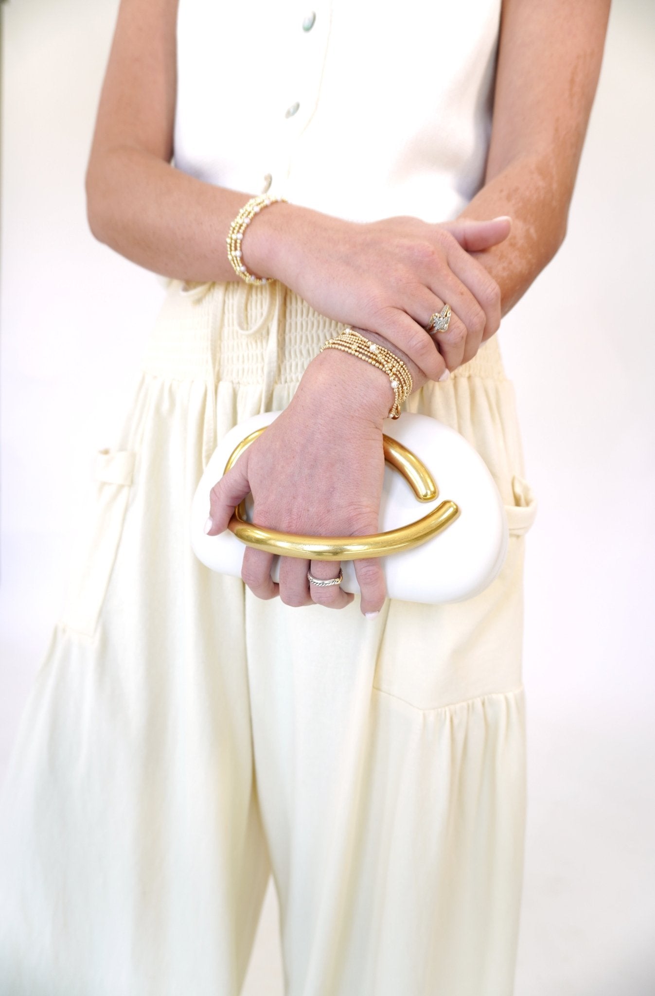 Luna Sculptural Evening Clutch – Minimalist White & Gold Crossbody - Anderson Ave boutique