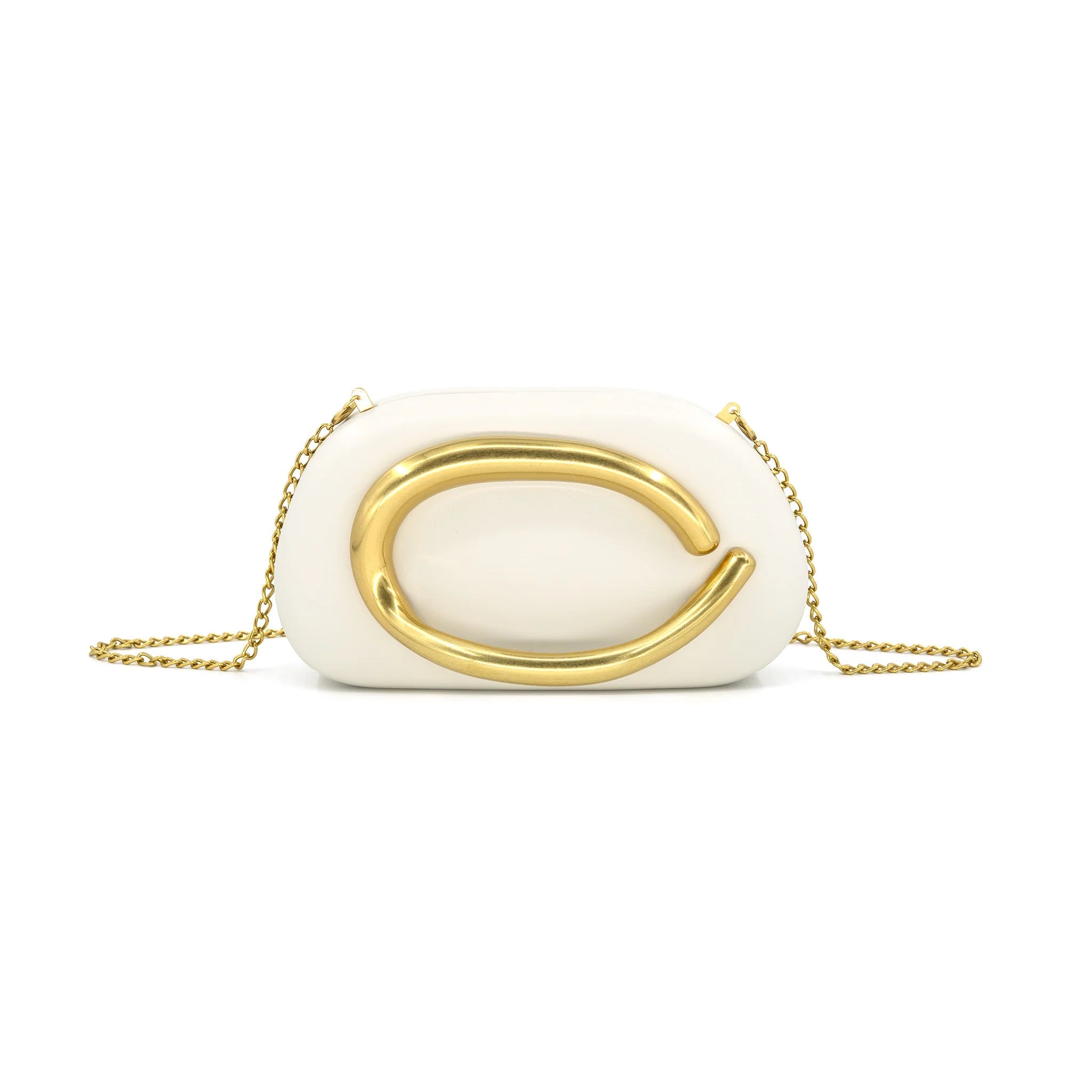 Luna Sculptural Evening Clutch – Minimalist White & Gold Crossbody - Anderson Ave boutique