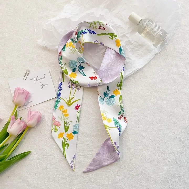 Lux Silky Skinny Twilly Scarf - Purple Floral - Anderson Ave boutique