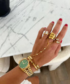 Luxe Crystal Bezel Hand Chain – Dainty Gold Finger Bracelet & Ring Set - Anderson Ave boutique