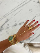 Luxe Crystal Bezel Hand Chain – Dainty Gold Finger Bracelet & Ring Set - Anderson Ave boutique