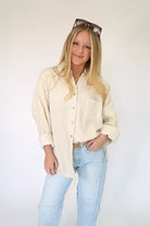 Luxe Relaxed Striped Button - Up Shirt in Taupe - Anderson Ave boutique