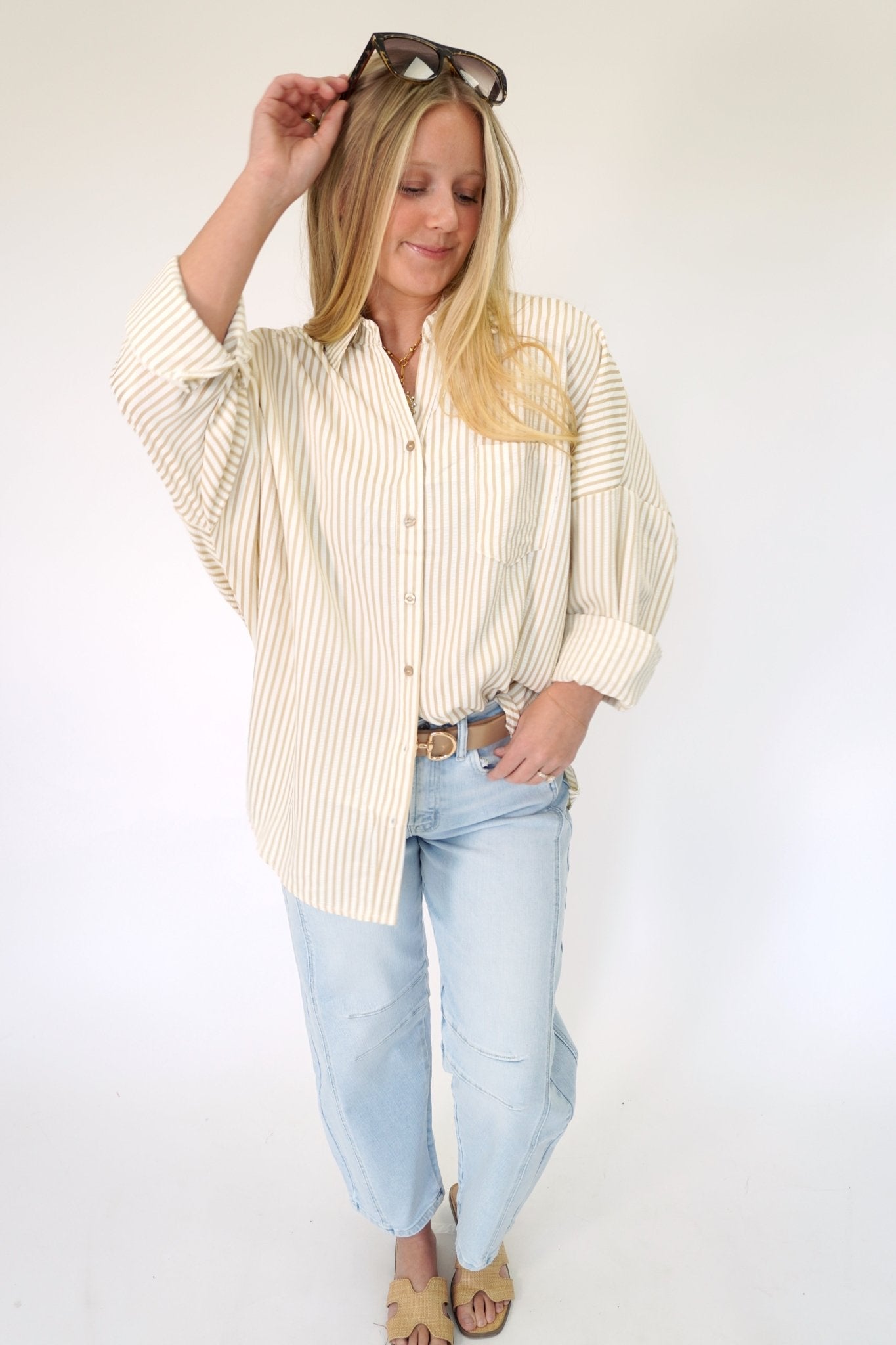 Luxe Relaxed Striped Button - Up Shirt in Taupe - Anderson Ave boutique