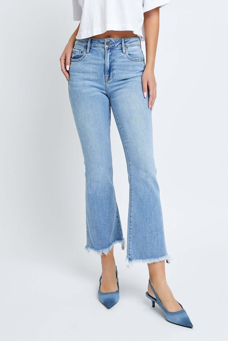 Medium Wash Clean Frayed Hem Stretch Crop Flare - Hidden Jeans - Anderson Ave boutique