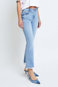 Medium Wash Clean Frayed Hem Stretch Crop Flare - Hidden Jeans - Anderson Ave boutique