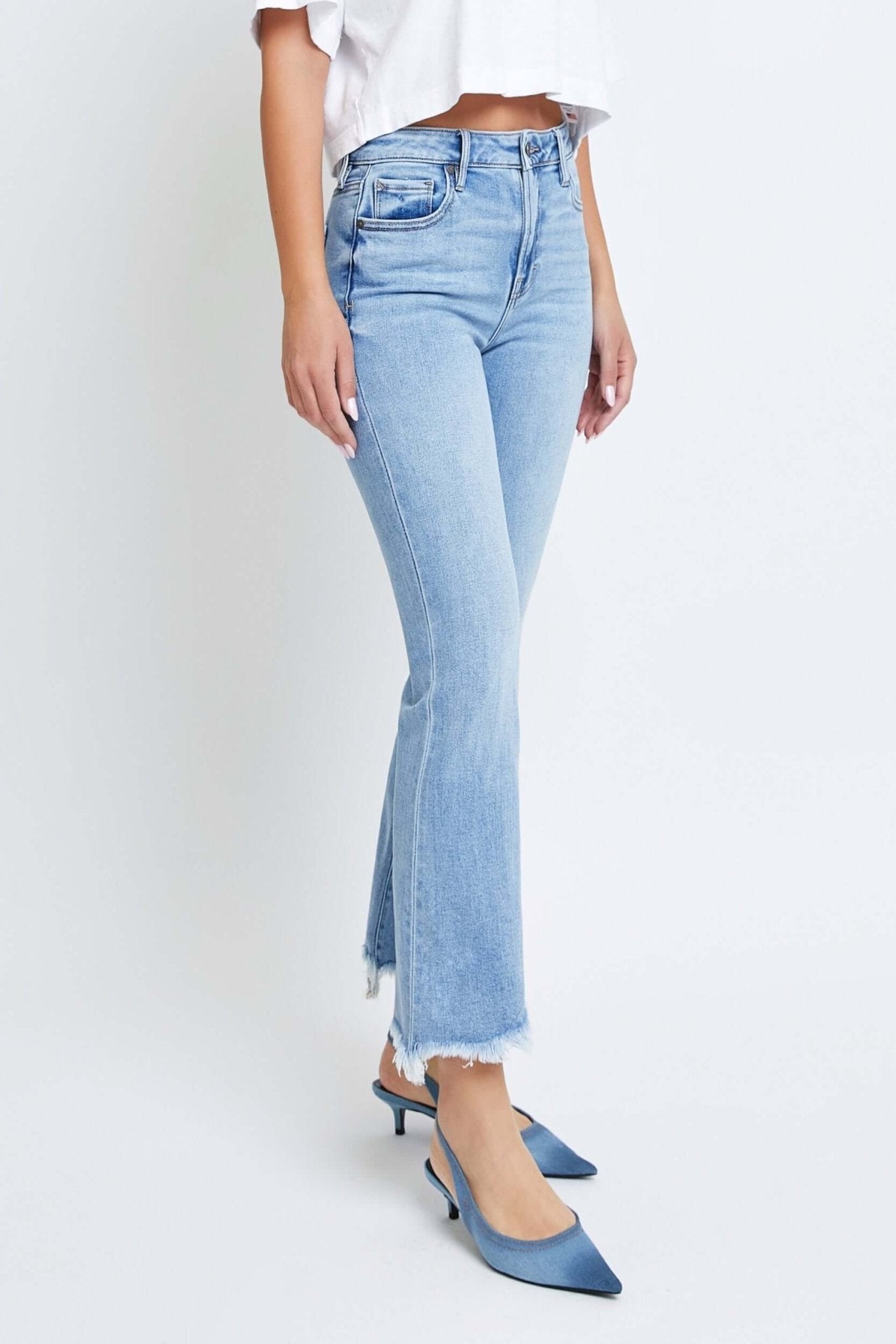 Medium Wash Clean Frayed Hem Stretch Crop Flare - Hidden Jeans - Anderson Ave boutique