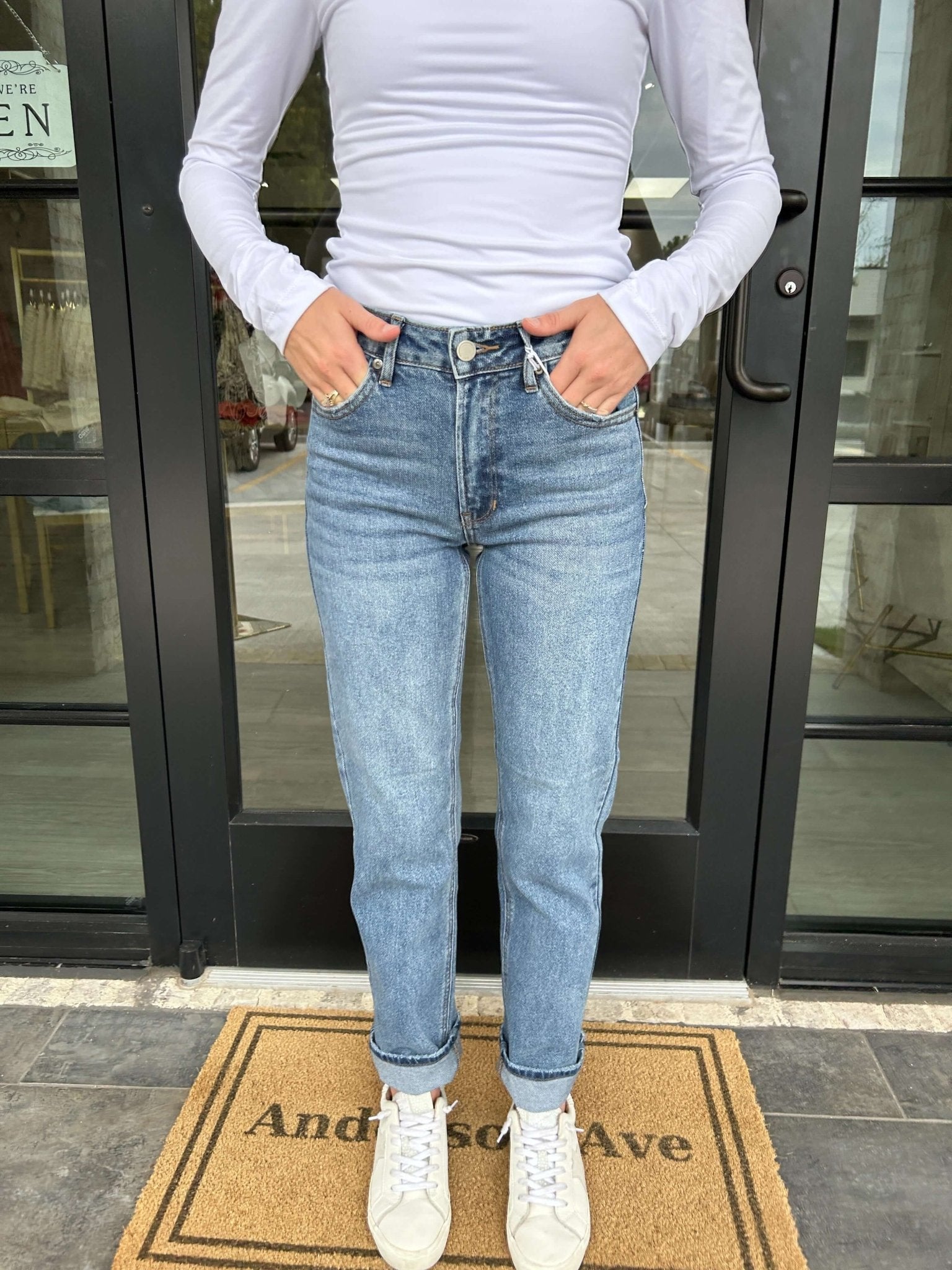 Medium Wash Denim Clean Stretch Straight Just Black Denim Jeans - Anderson Ave boutique