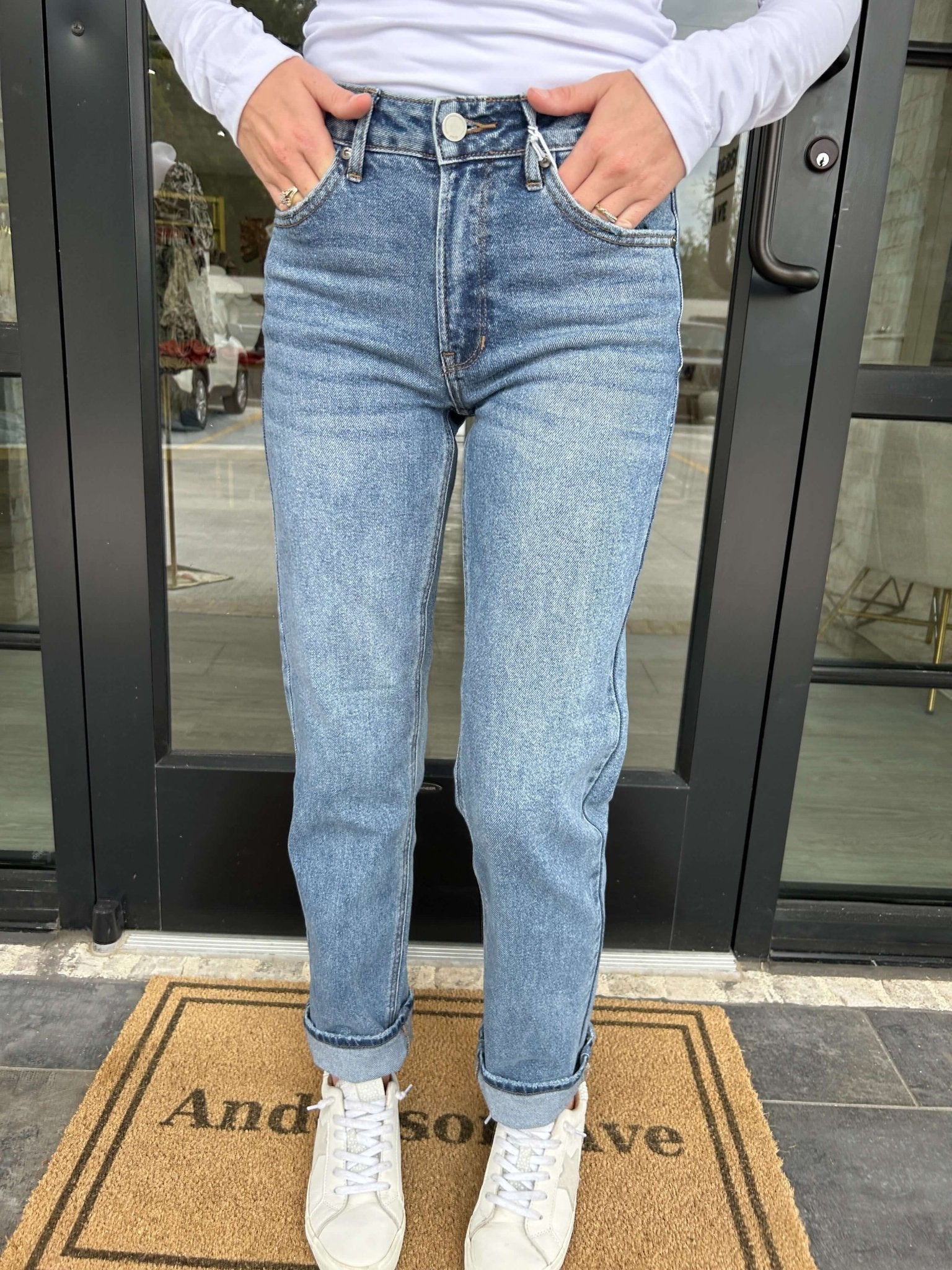 Medium Wash Denim Clean Stretch Straight Just Black Denim Jeans - Anderson Ave boutique