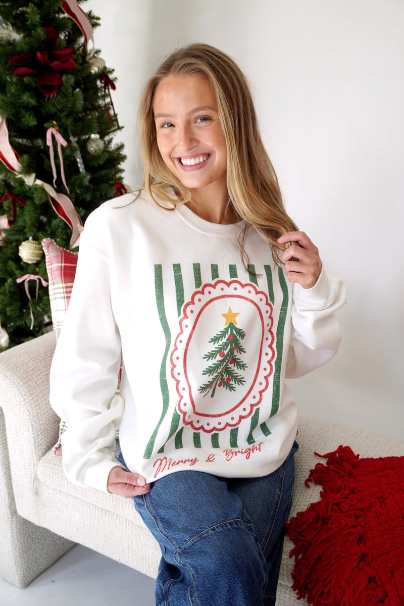 Merry & Bright Christmas Tree Graphic Sweatshirt – Cream - Anderson Ave boutique