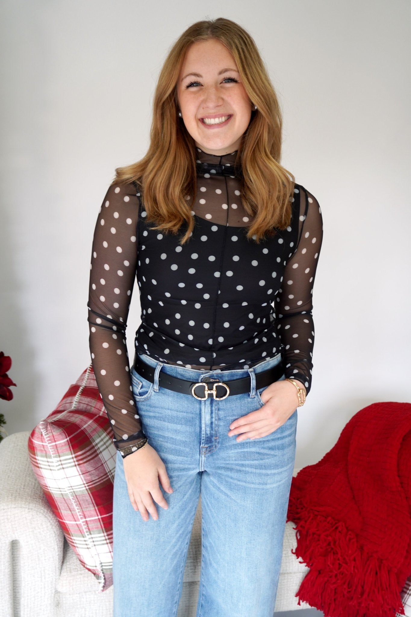 Midnight Black Sheer Polka Dot Mesh Long Sleeve Top - Anderson Ave boutique