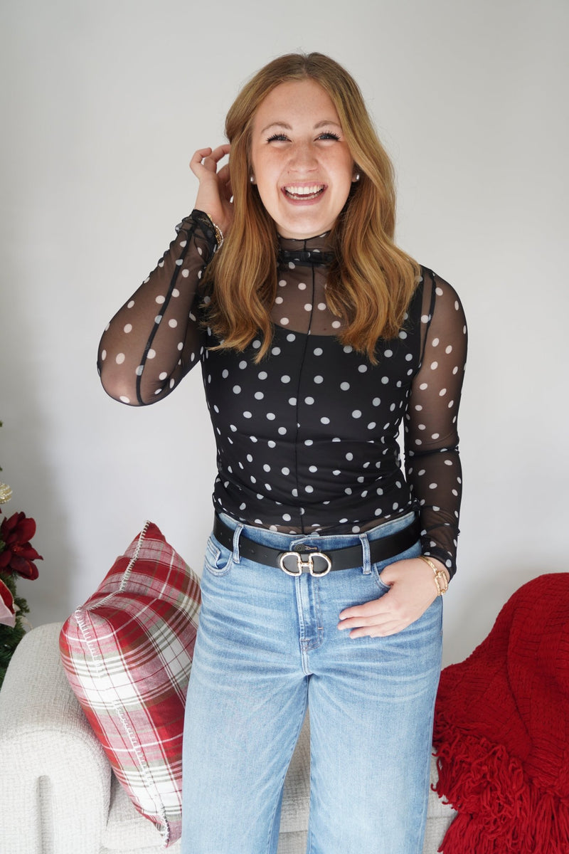 Midnight Black Sheer Polka Dot Mesh Long Sleeve Top - Anderson Ave boutique