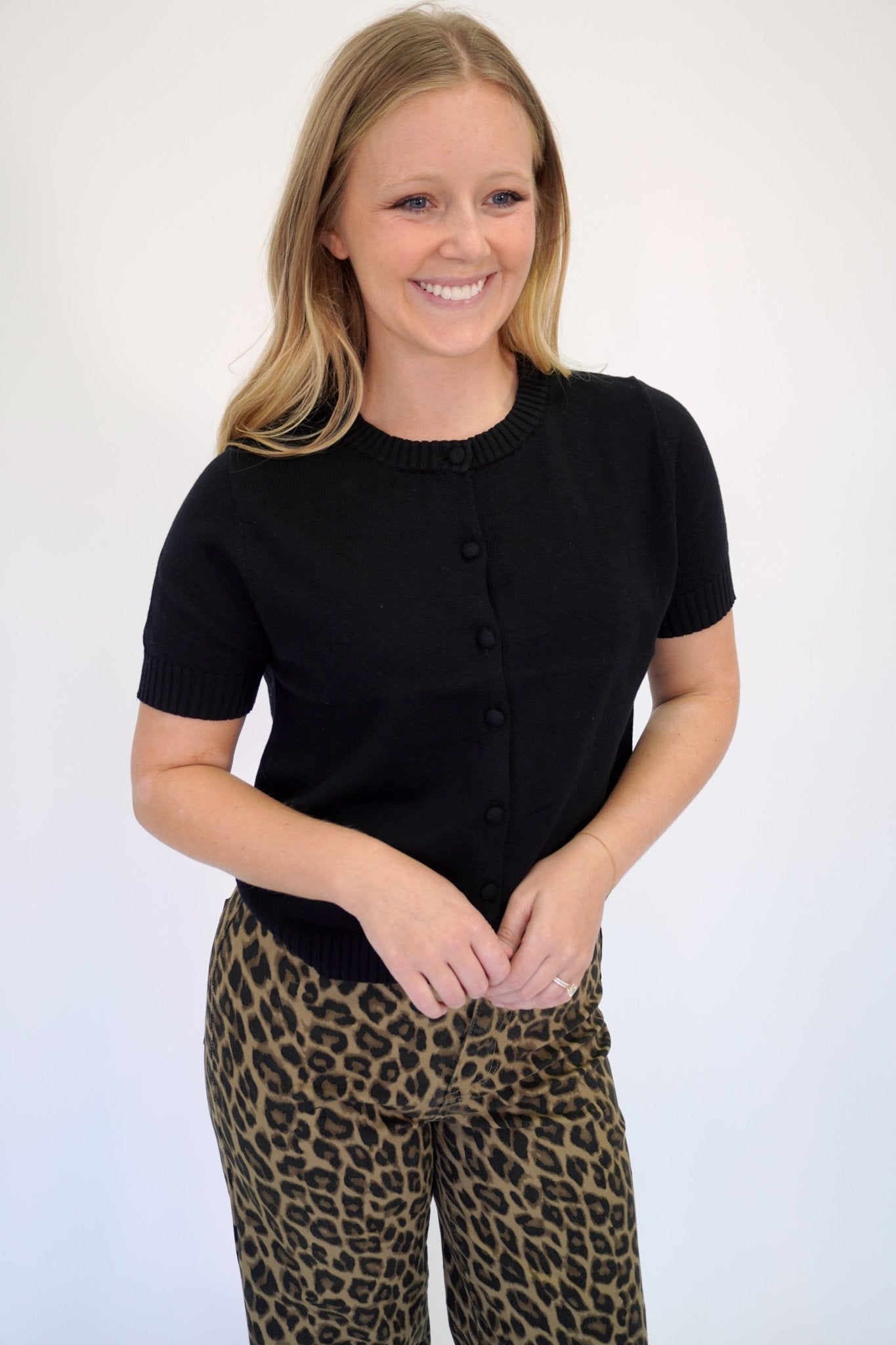 Mila Knit Short Sleeve Button - Up Cardigan - Black - Anderson Ave boutique