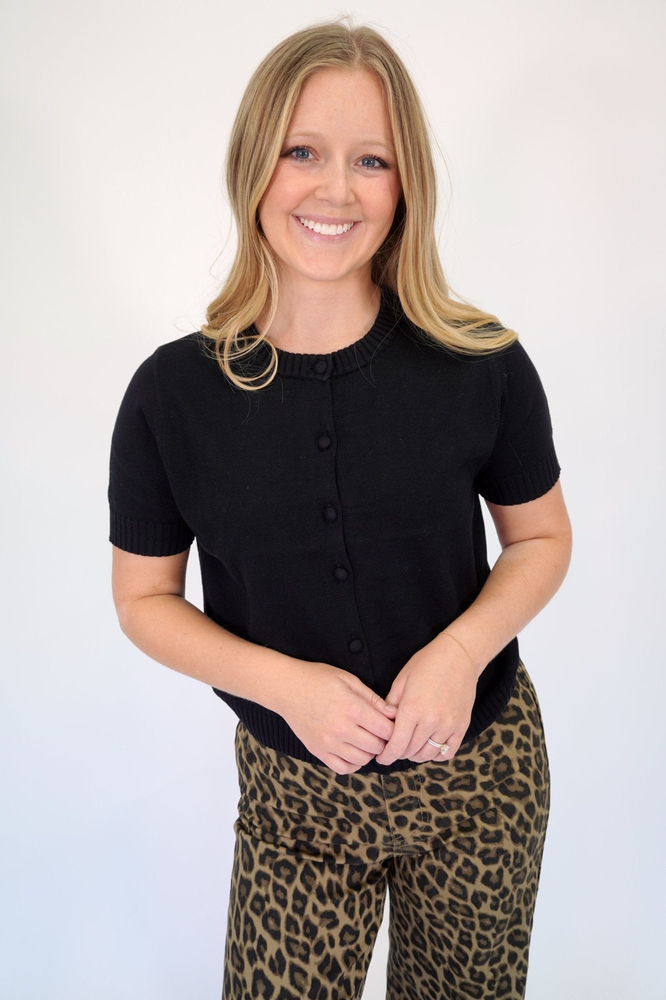 Mila Knit Short Sleeve Button - Up Cardigan - Black - Anderson Ave boutique