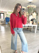Mineral Wash Long Sleeve Henley Top - Red - Anderson Ave boutique