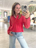 Mineral Wash Long Sleeve Henley Top - Red - Anderson Ave boutique