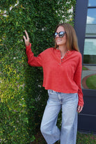 Mineral Wash Long Sleeve Henley Top - Red - Anderson Ave boutique