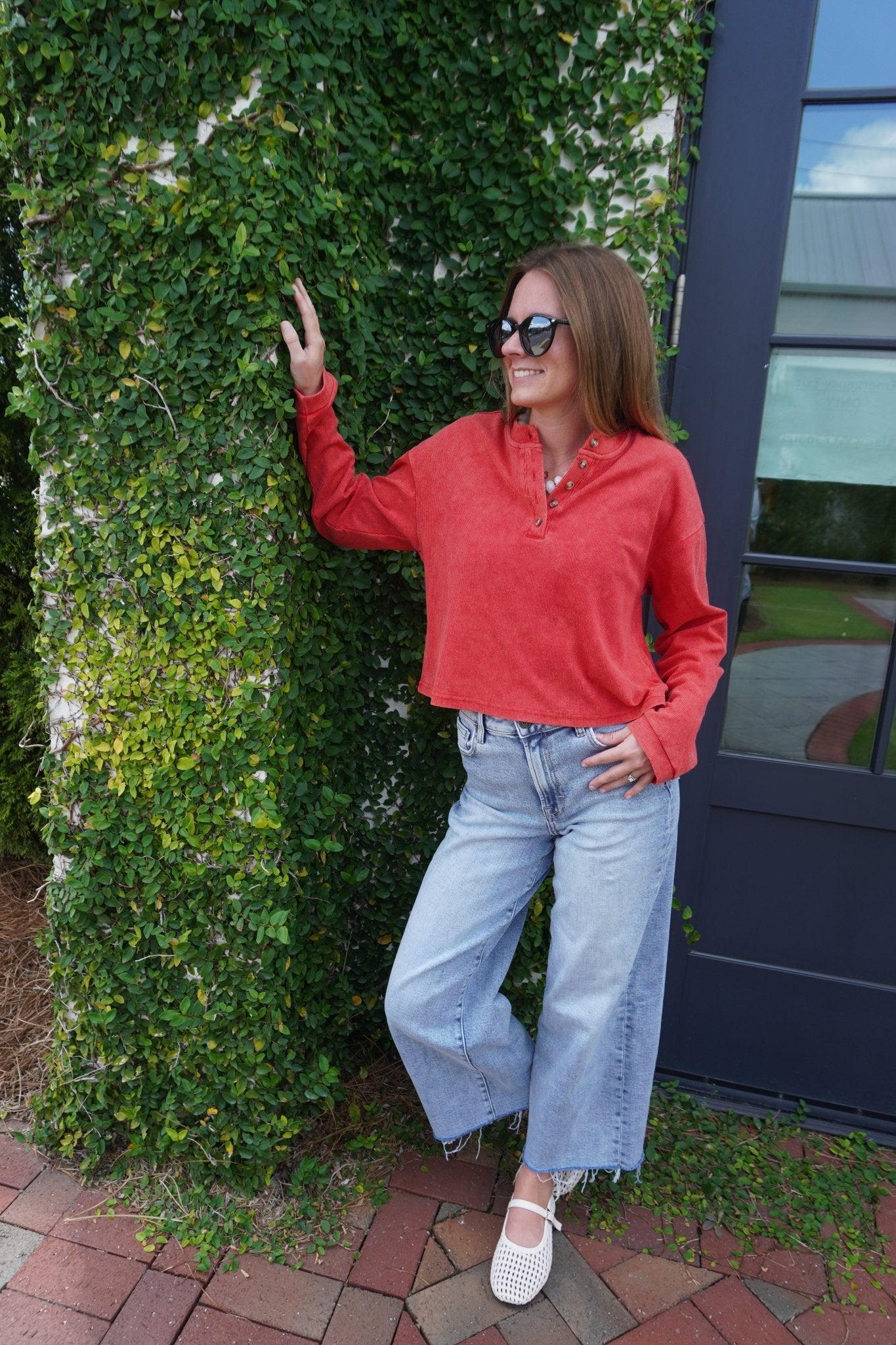 Mineral Wash Long Sleeve Henley Top - Red - Anderson Ave boutique