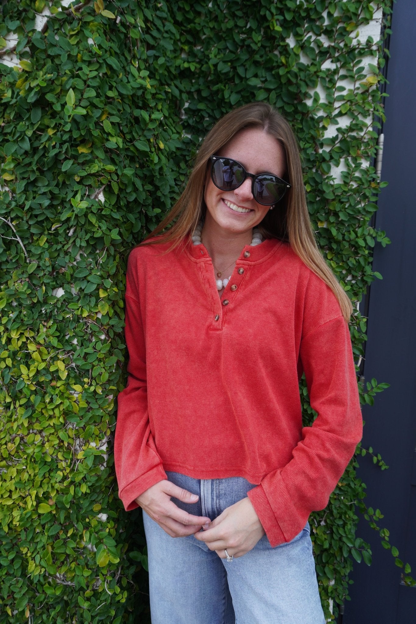 Mineral Wash Long Sleeve Henley Top - Red - Anderson Ave boutique