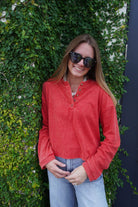Mineral Wash Long Sleeve Henley Top - Red - Anderson Ave boutique