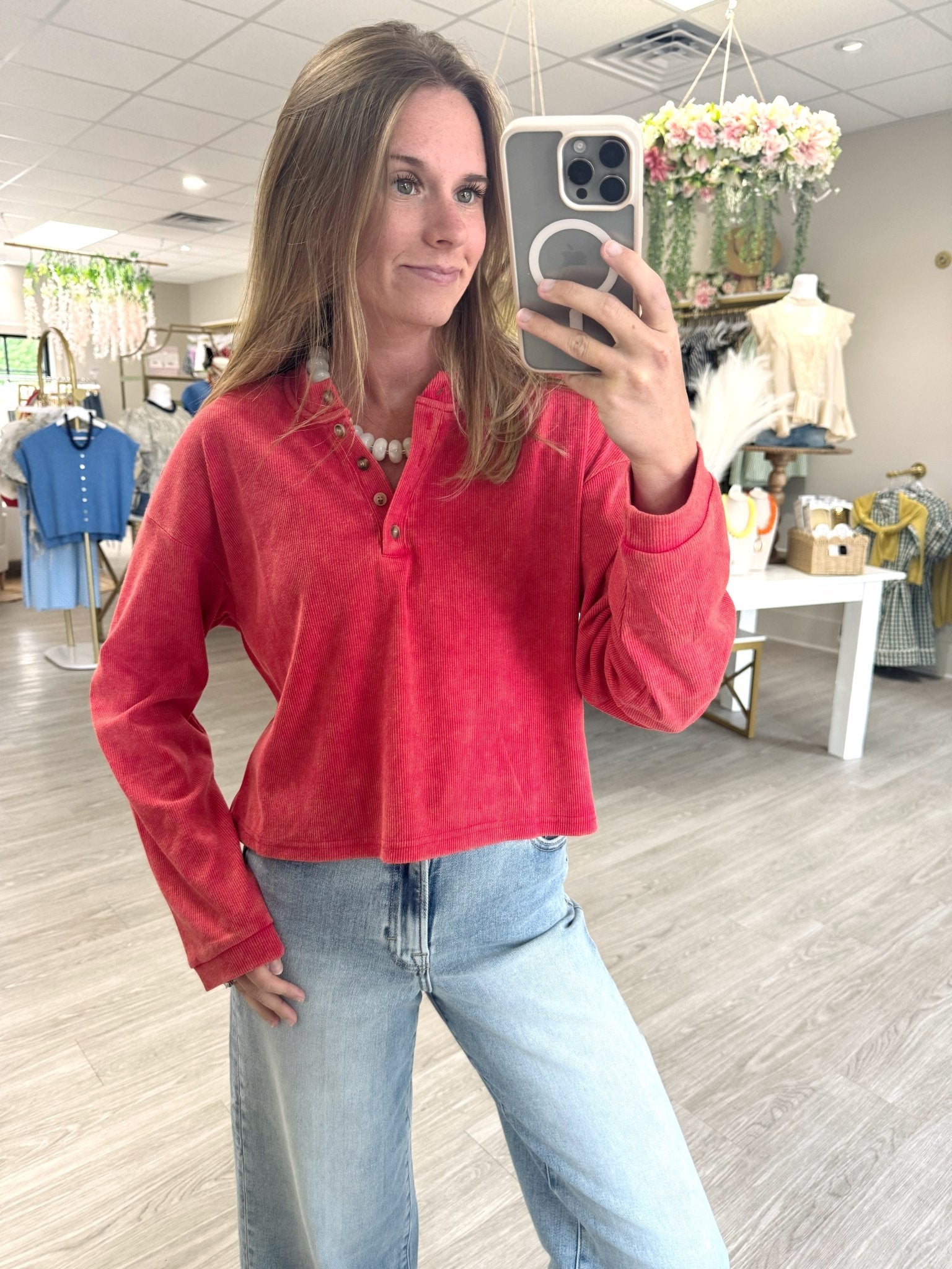 Mineral Wash Long Sleeve Henley Top - Red - Anderson Ave boutique