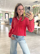 Mineral Wash Long Sleeve Henley Top - Red - Anderson Ave boutique