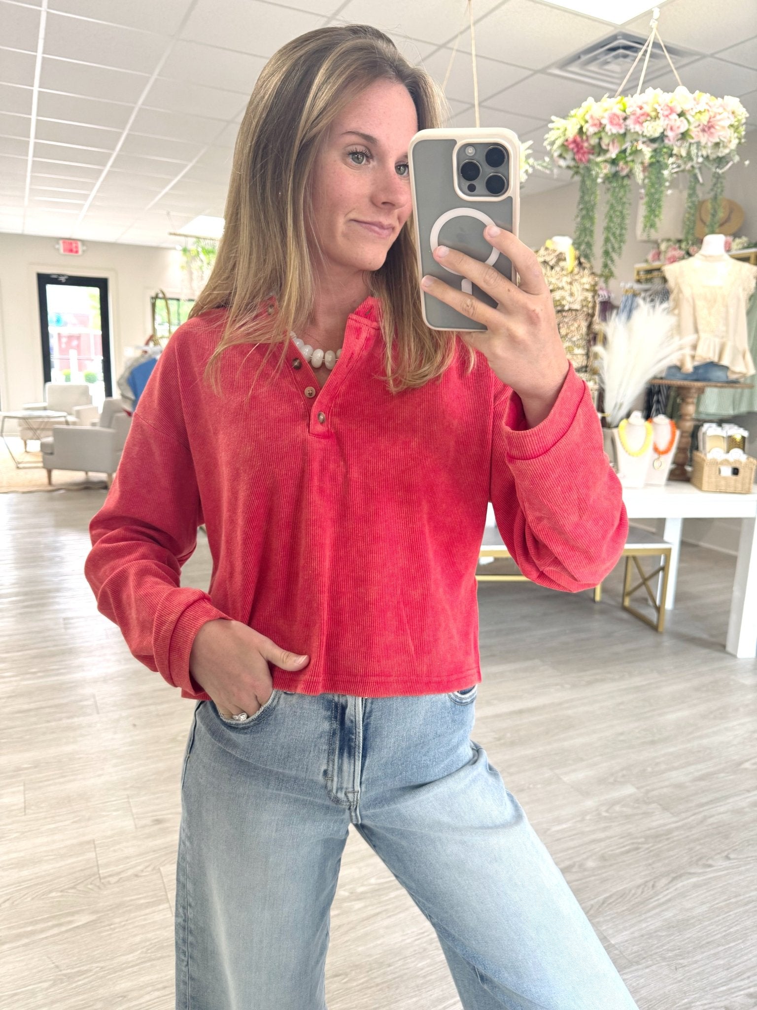 Mineral Wash Long Sleeve Henley Top - Red - Anderson Ave boutique