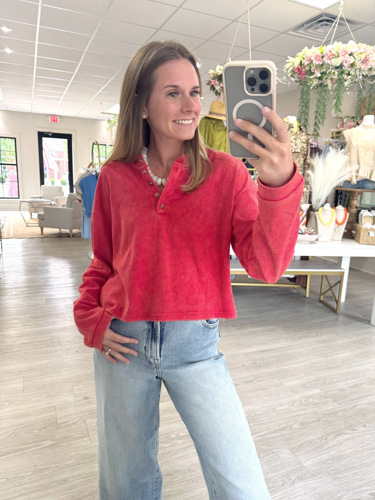 Mineral Wash Long Sleeve Henley Top - Red - Anderson Ave boutique