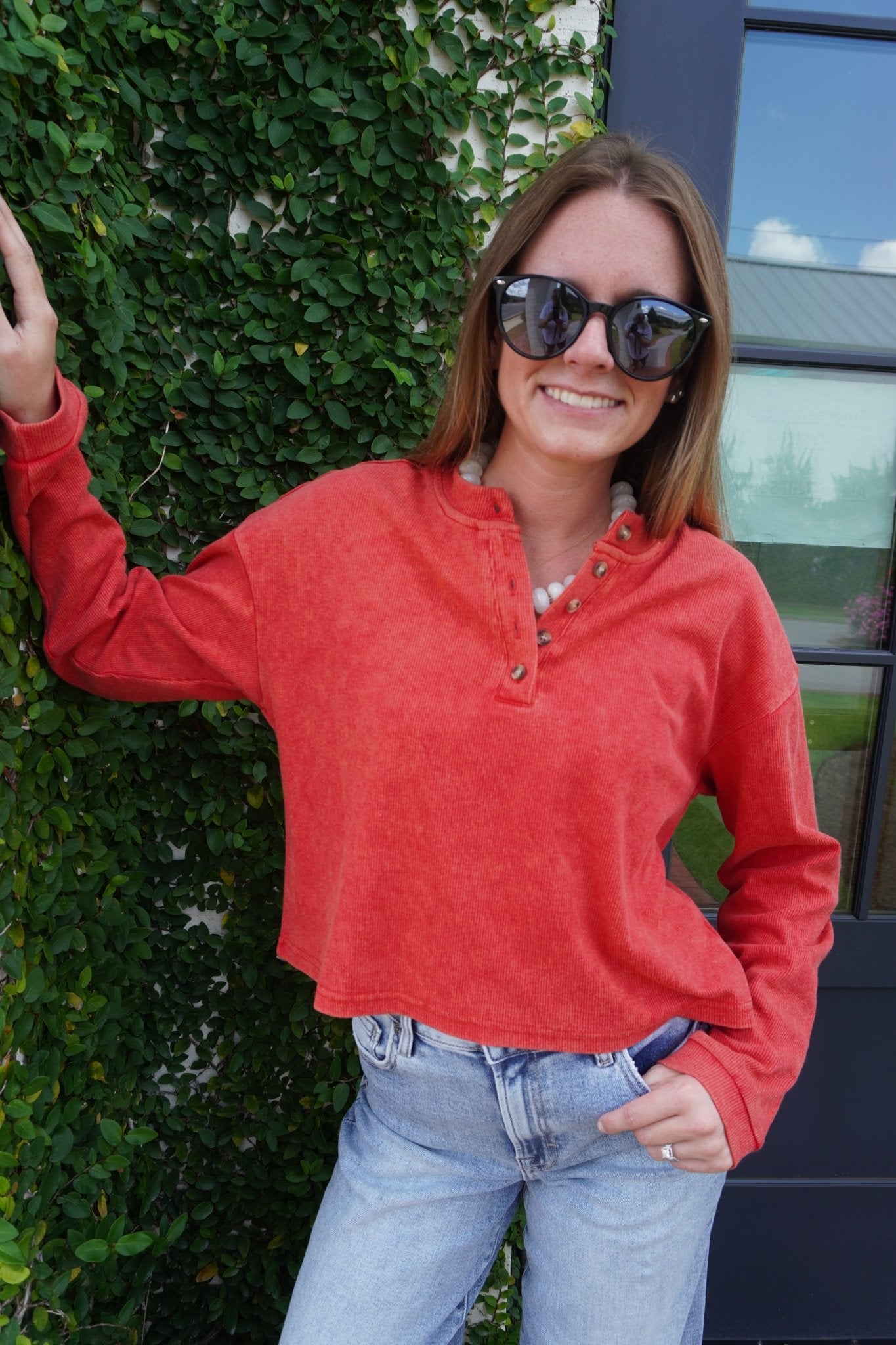 Mineral Wash Long Sleeve Henley Top - Red - Anderson Ave boutique