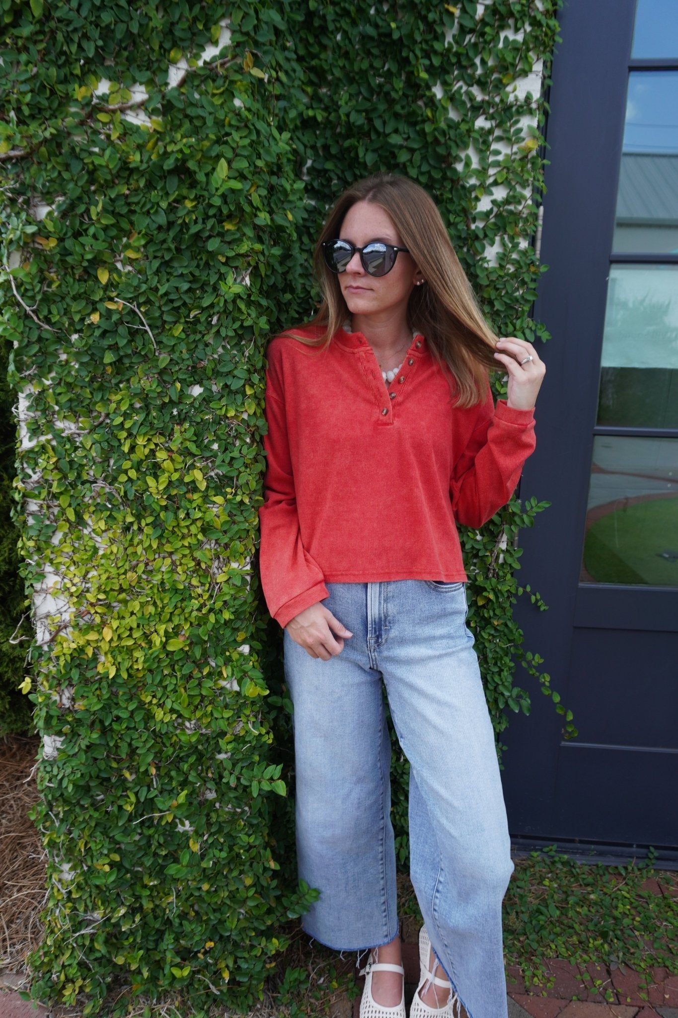 Mineral Wash Long Sleeve Henley Top - Red - Anderson Ave boutique