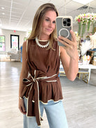 Mocha Contrast Trim Tie Waist Peplum Top - Anderson Ave boutique
