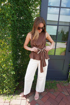 Mocha Contrast Trim Tie Waist Peplum Top - Anderson Ave boutique